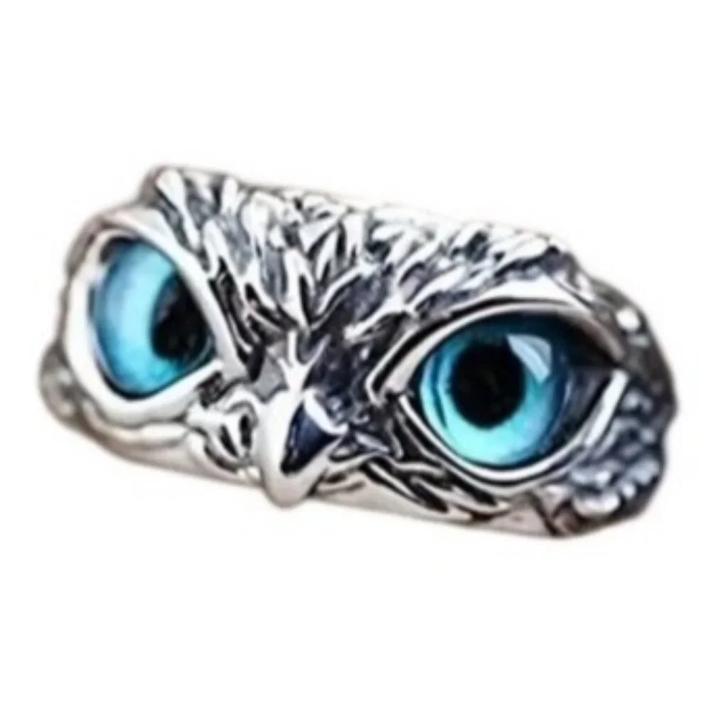 Silver Stainless Steel Blue Eye Owl Statement Ring Nickel Free Halo Vintage Y2K